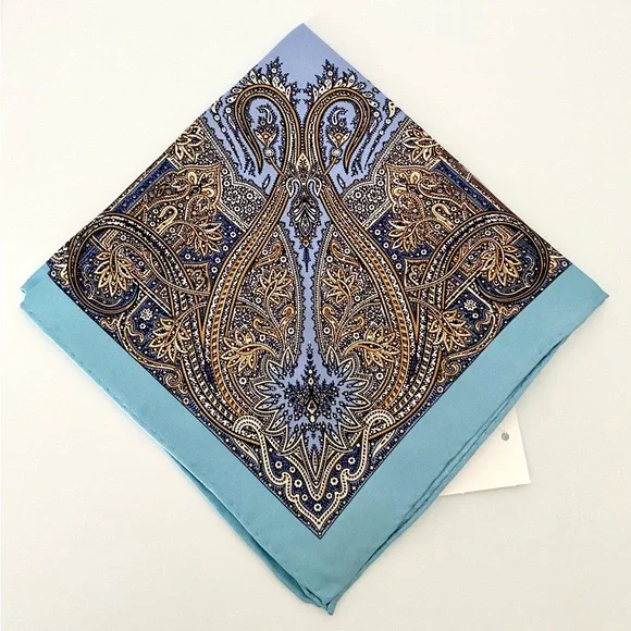 Persian Silk Paisley Pocket Square New by Robert Graham Blue and Gold - Picture 2 of 7